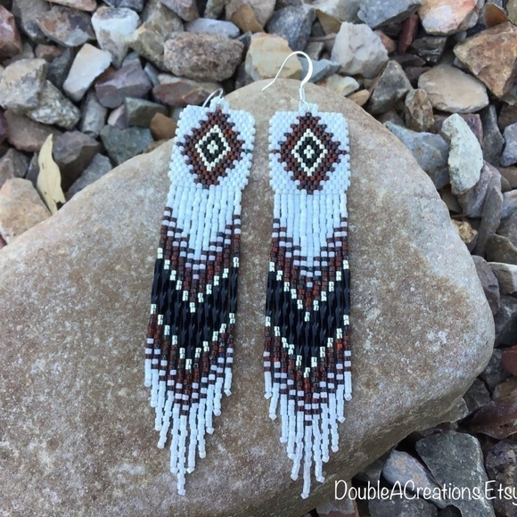 Picasso Red and Black Native Diamond Beaded Earrings with Long Fringe, H… - Picture 3 of 7